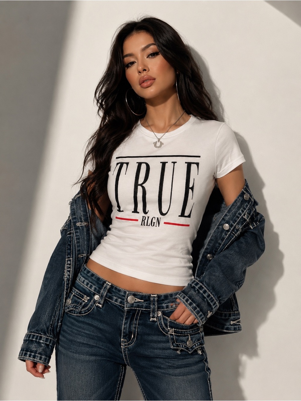 True Religion White Logo Graphic Tee Rhinestone Y2K Baby Tee Size M